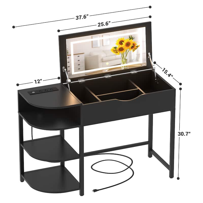 Flip Top Vanity Desk with LED Mirror and Charging Station, Modern Makeup Table with Hiden Storage