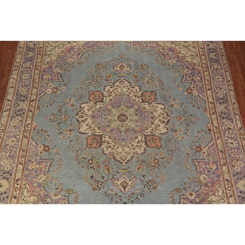 Light Blue Medallion Tabriz Persian Rug Floral Handmade Wool Carpet - 9'10"x 12'4"