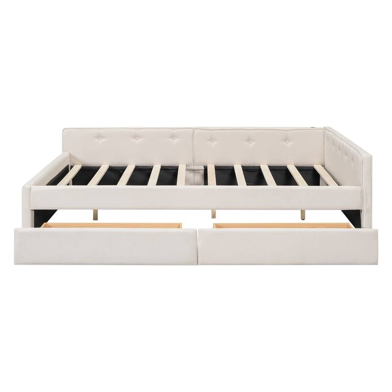 Beige Upholstered Daybed Platform Bed with 2 Storage Drawers Underbed, USB Charging, Linen Fabric, Wood Slat Daybed Frame