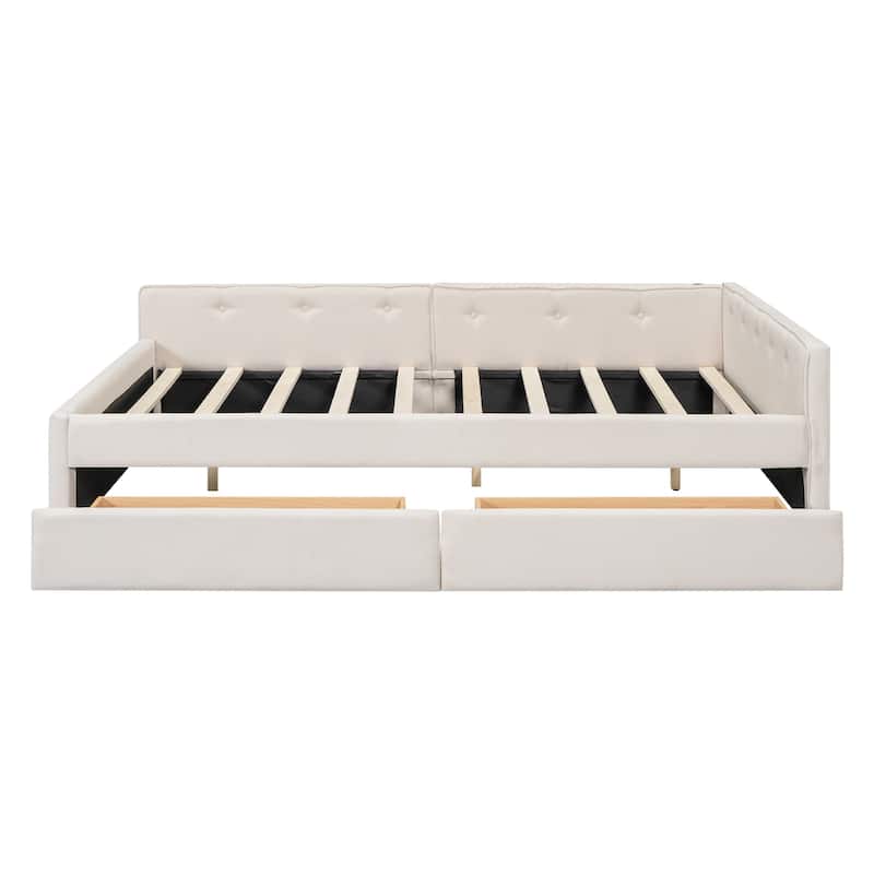 Roomfitters Full/Queen Size Upholstered Platform Bed with USB Port and Storage Base, Beige