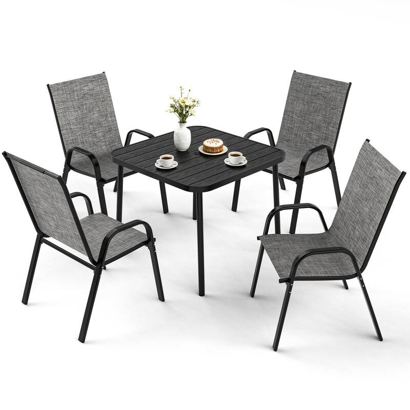 4-Person Patio Dining Set, Textilene Stackable Chairs and Square Table with Umbrella Hole