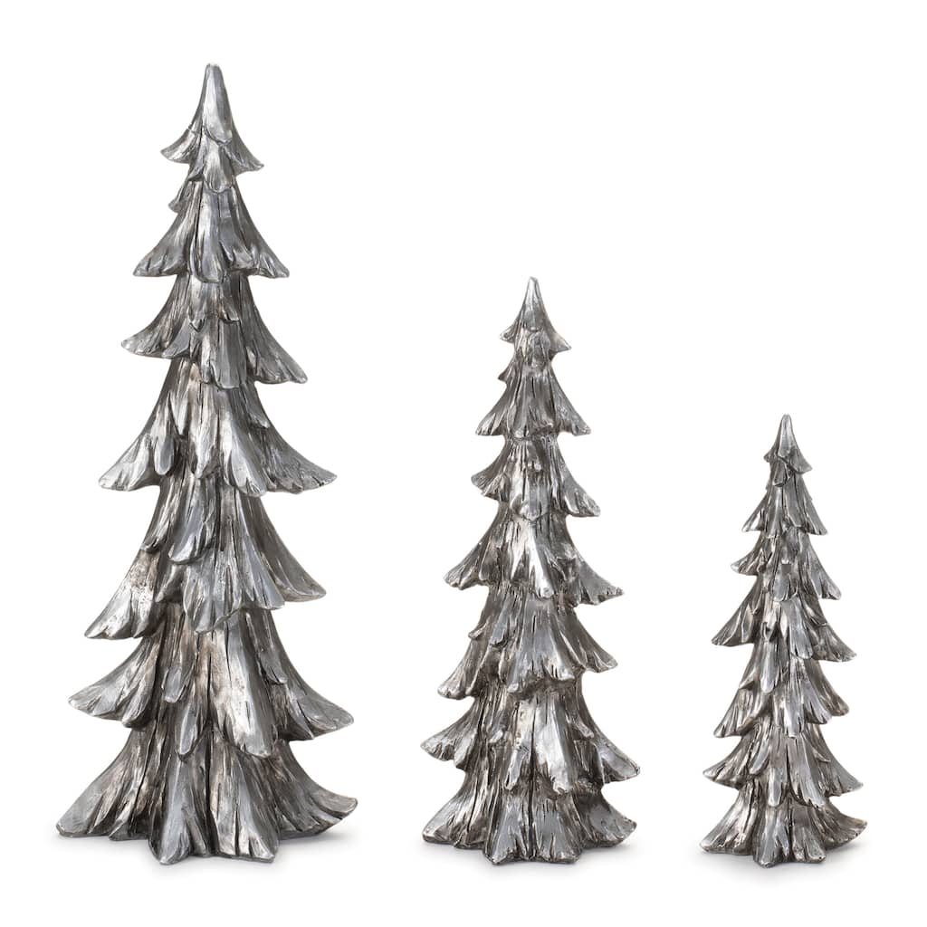 Set of 3 Resin Pine Trees Winter Metallic Holiday Decor - 3” x 2.25” x 7.5”