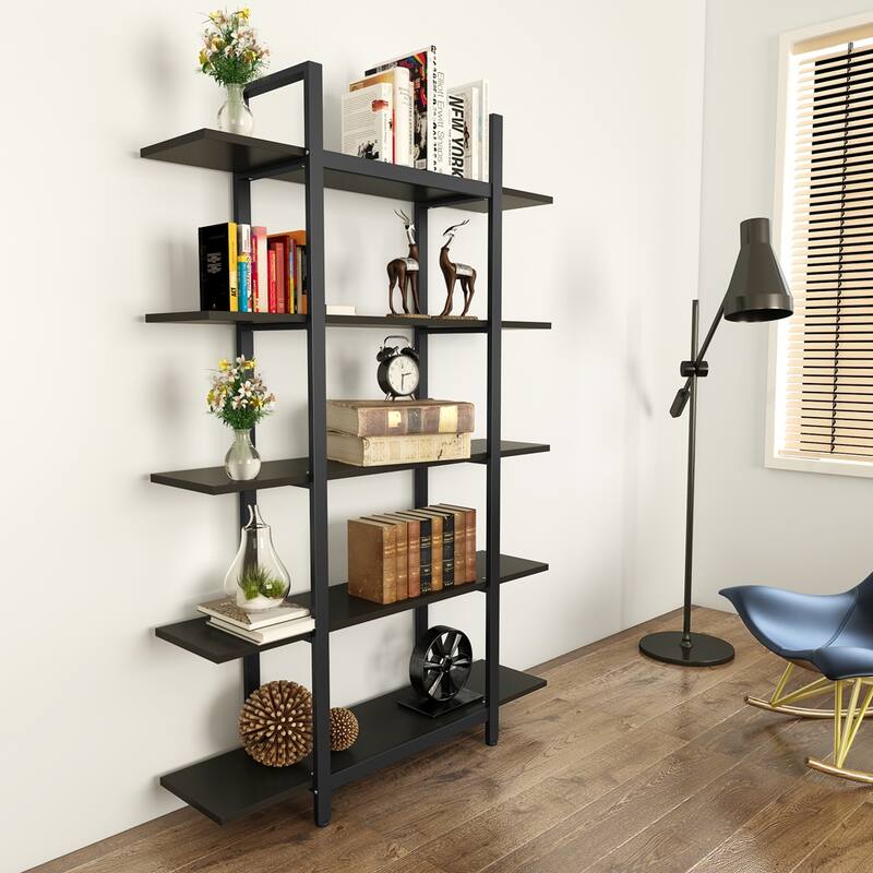 5 Tier Bookshelf Wide Display Shelves Bookshelves - Black