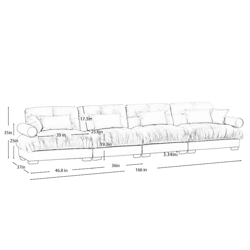 166" Velvet 4-Seater Sofa, Bolster Arms and High-Resilience Cushions