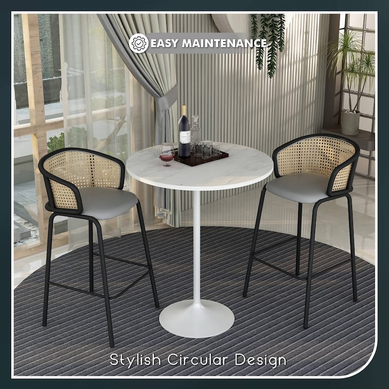 LeisureMod Verve Round Bar Dining Table with White Resin TableTop and White Steel Base for Kitchen & Dining Room