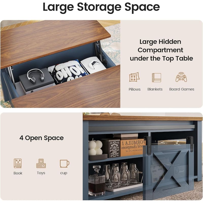 Coffee Table Lift Top Square Center Table Barn Door Adjustable Shelves