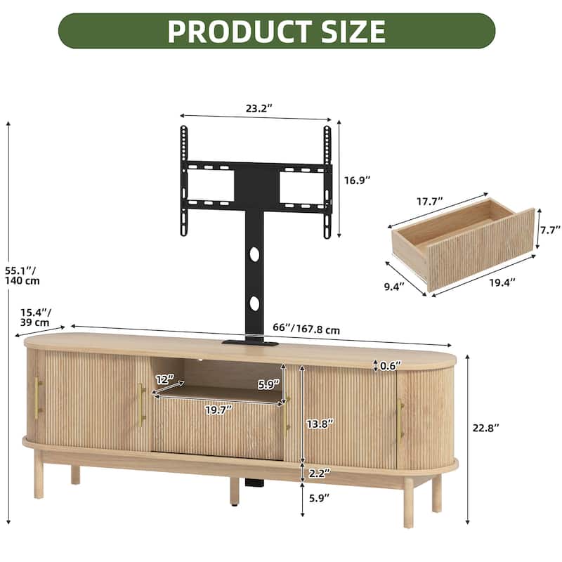 Moasis Mid-Century Modern Fluted TV Stand with Drawer and Adjustable Mount for Living Room