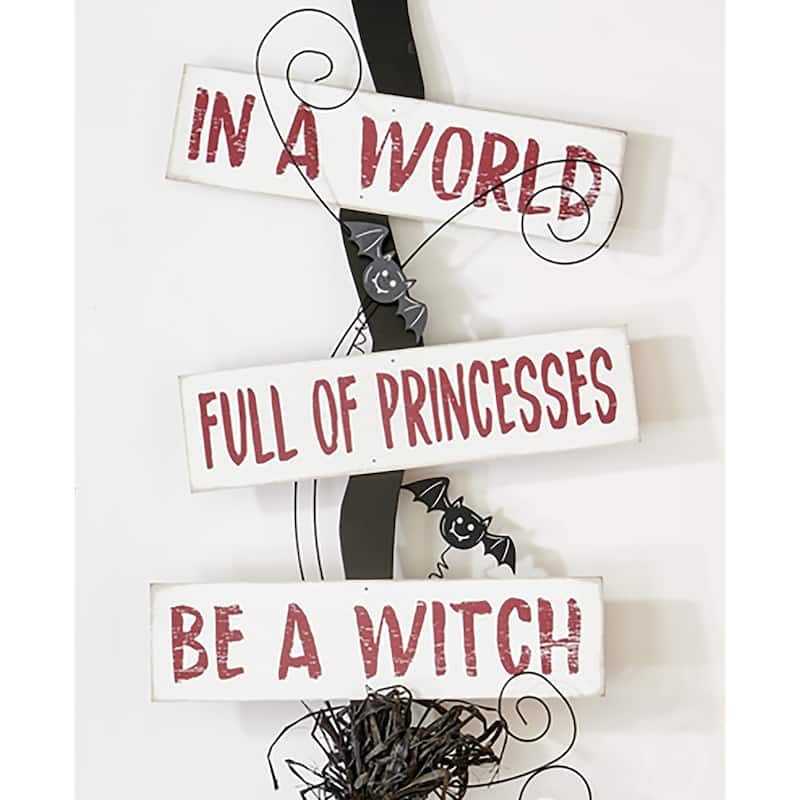 32" Floor Standing Halloween Witch Broom Humorous Wood Entry Sign