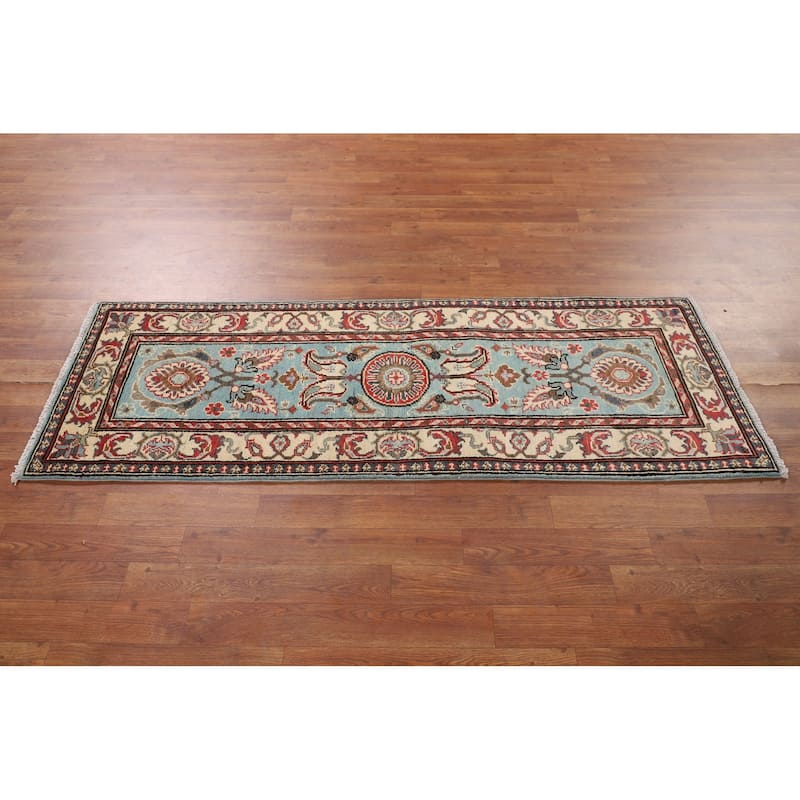 Light Blue Traditional Kazak Runner Rug Handmade Hallway Wool Carpet - 2'1" x 5'9"
