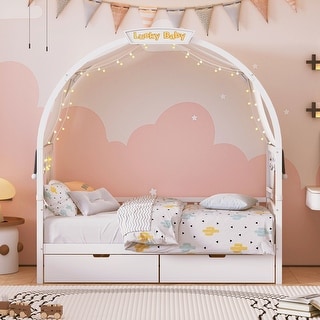 Kids' Twin Bed with Arched Canopy, Tent, Light Strip & Storage Drawers, White