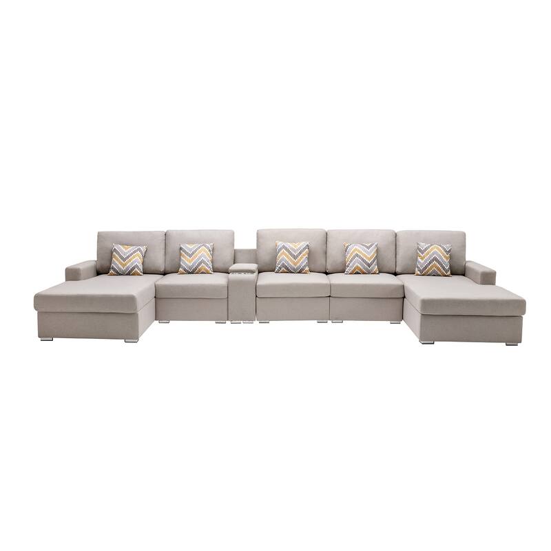 Linen Fabric 6 Piece Double Chaise Sectional Sofa with Storage Console Table and 5 Pillows - Beige