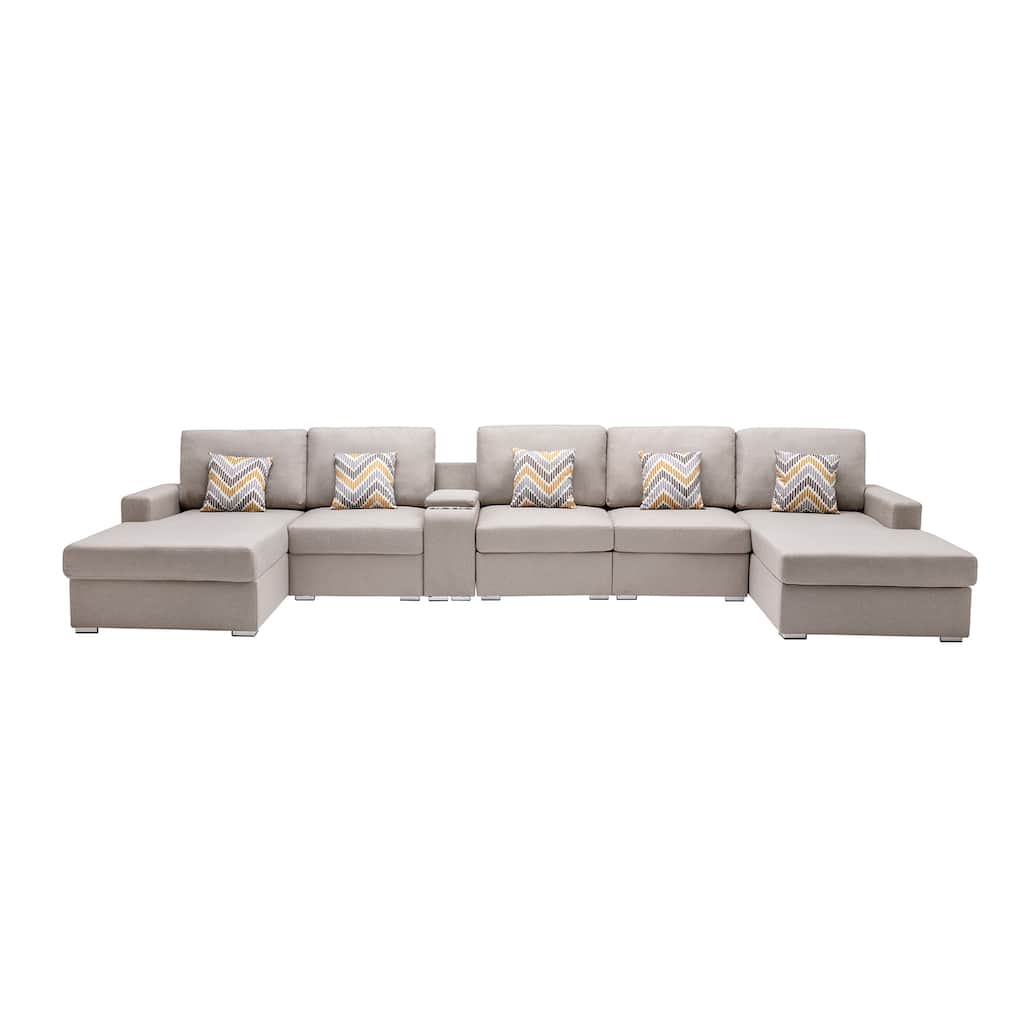 Linen Fabric 6 Piece Double Chaise Sectional Sofa with Storage Console Table and 5 Pillows