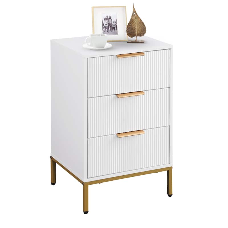 Nightstand with 3 Drawers, Sofa Side Table with Metal Handles & Legs, Wavy Drawer Panels Storage Table for Bedroom