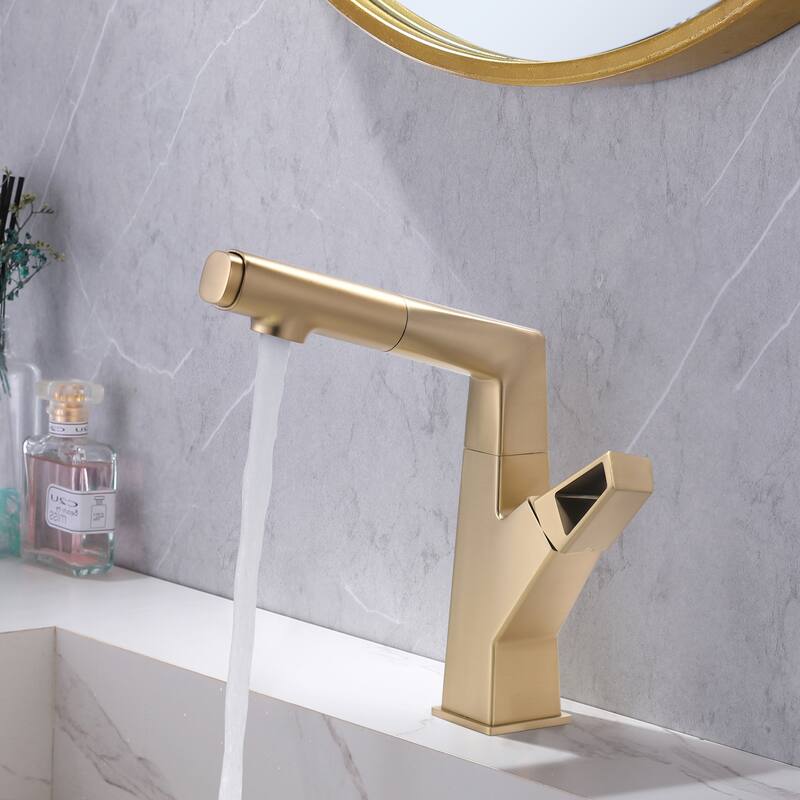 3-Way Swivel Bathroom Sink Pull Out Faucet Single Hole with Hand Spray in Black / Gold