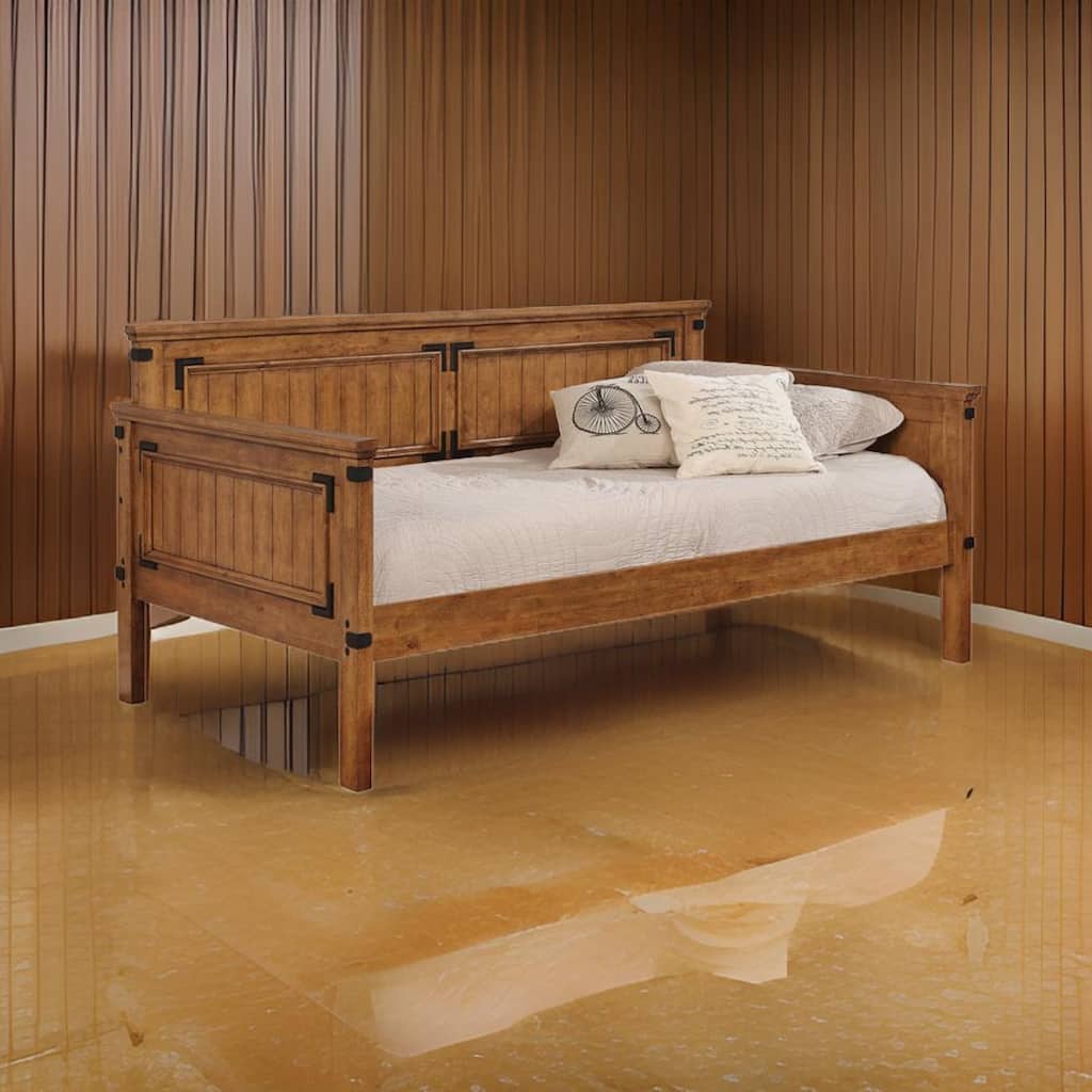 Plank Style Paneled Wooden Twin Size Daybed with Metal Accents, Brown