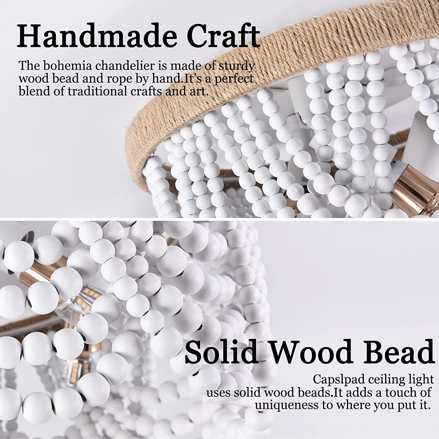 thumbnail image 2 of Boho Wood Bead Chandelier - 3-Light Flush Mount Ceiling Fixture For Farmhouse Decor 2 of 13