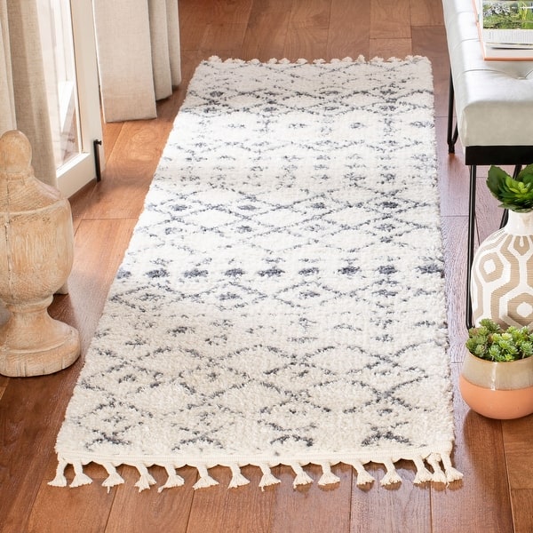 slide 2 of 11, SAFAVIEH Berber Fringe Shag Leatha Trellis Rug 2'2" x 10' Runner - Cream/Dark Grey - Runner