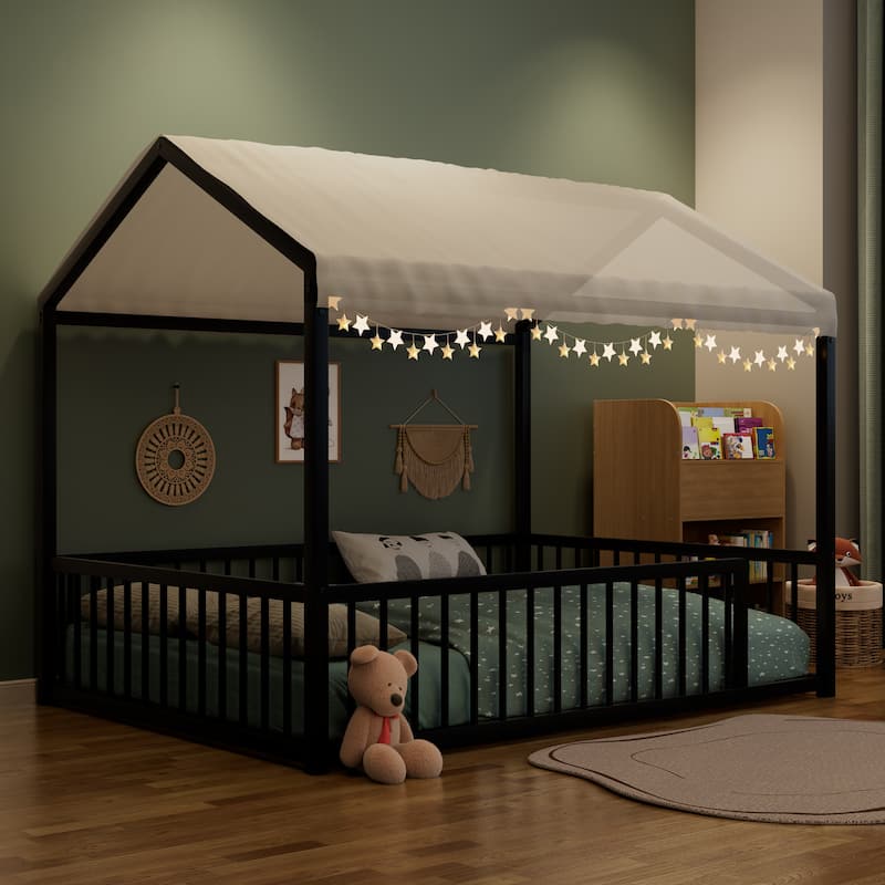 Montessori Style Metal Floor Bed Frame, House Shaped Bed for Kids and Toddlers, No Slats, House Bed - Black Fence - Full