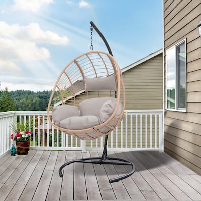 Aukfa Hanging Egg Chair, PE Wicker Swing Hammock with Stand, Natural - N/A