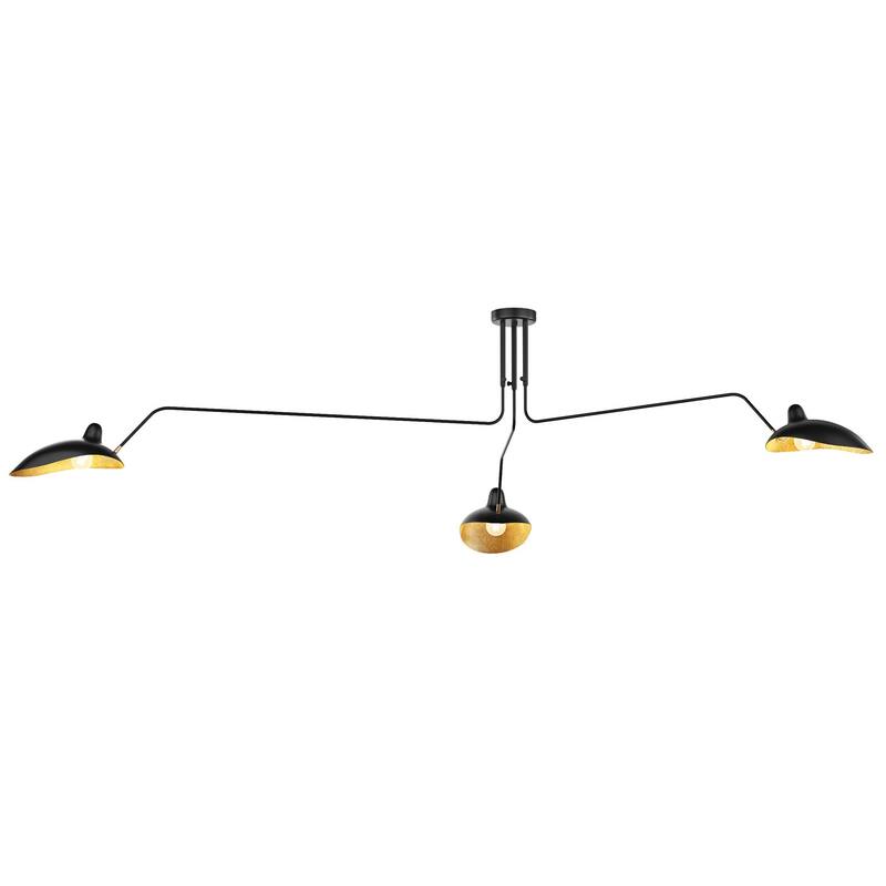 Farmhouse Matte Black 3-Light Semi Flush Mount Ceiling Light with Gold Leaf