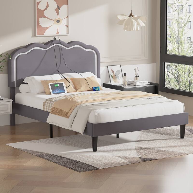 VECELO Upholstered Bed Frame with Headboard Adjustable,LED Lights, USB-A & Type-C,Velvet Platform Bed No Box Spring Needed