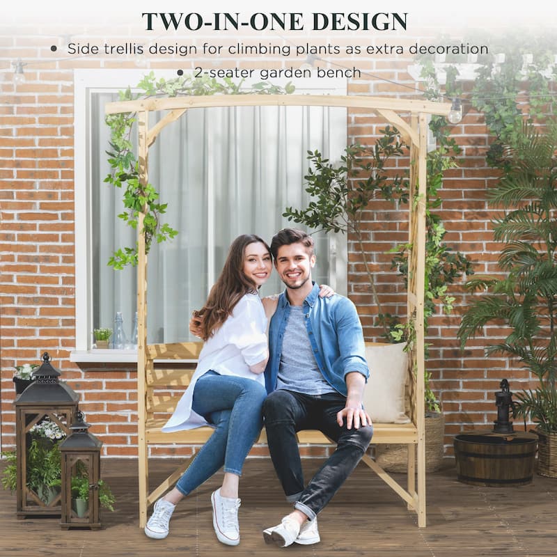 Outsunny Patio Garden Bench Arbor Arch with Pergola and 2 Trellises, 3 Seat Natural Wooden Outdoor Bench