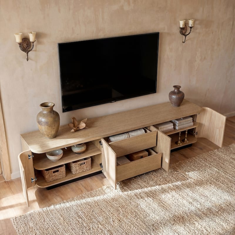 Modern Oak Wood TV Stand with 2 Drawers and Cabinets, 86.6" Long Media Console with Push-to-Open Doors, Anti-Tip Safety Design