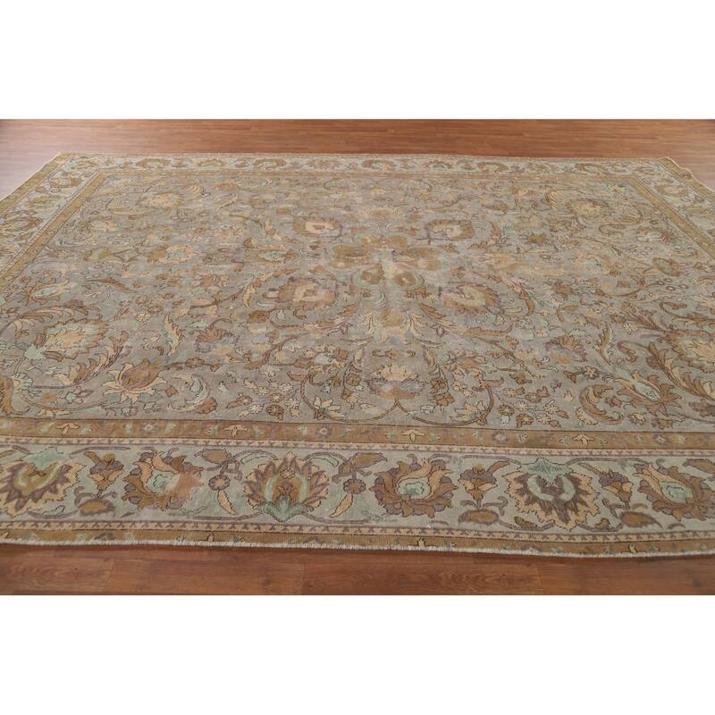 Distressed Tabriz Antique Persian Rug Hand-Knotted Wool Carpet - 9'6" x 13'2"