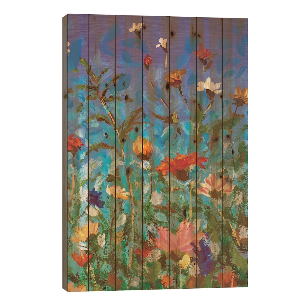 Spring Summer Red Yellow White Wildflowers On Blue Sky Print On Wood by Valery Rybakow - Multi-Color
