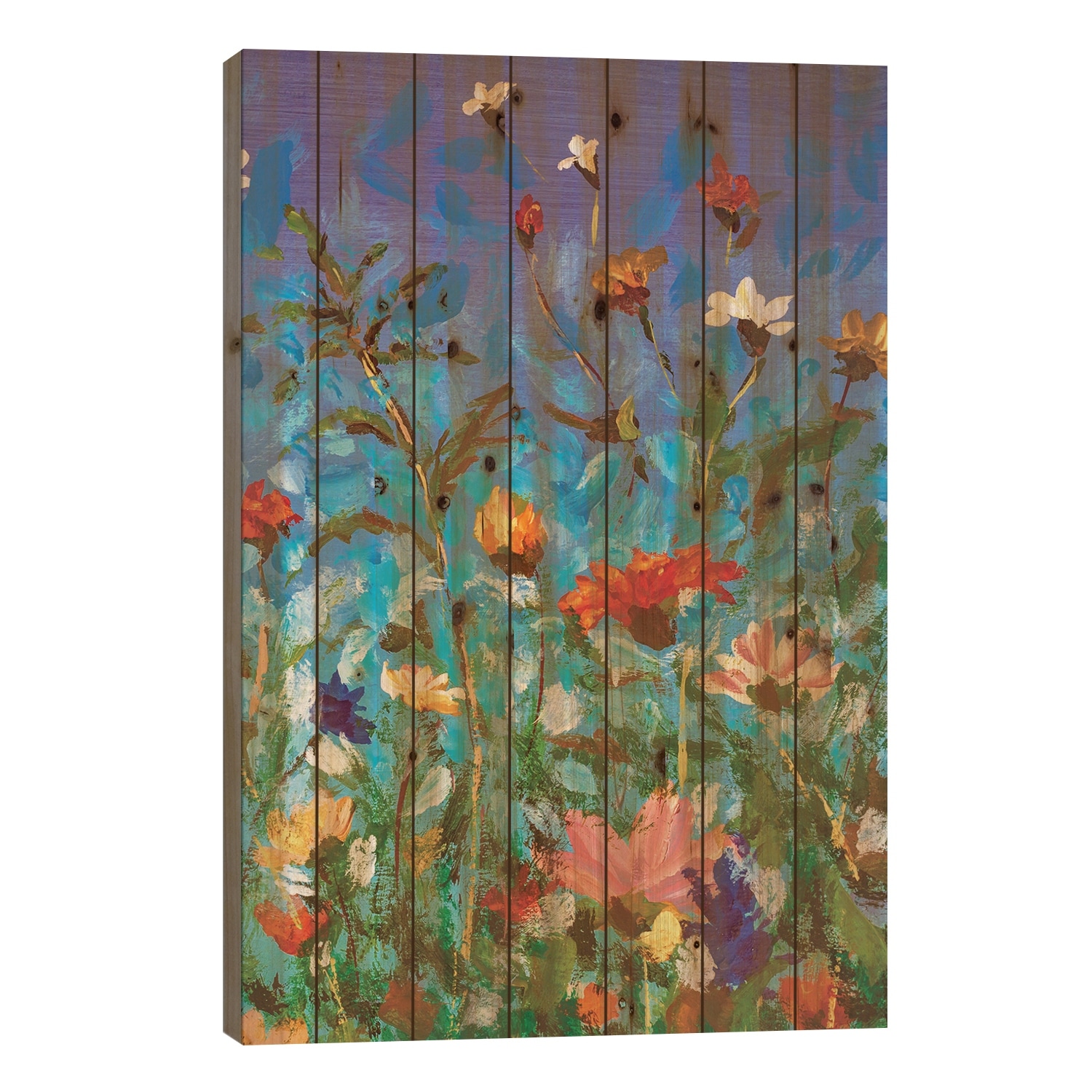 Spring Summer Red Yellow White Wildflowers On Blue Sky Print On Wood by Valery Rybakow - Multi-Color