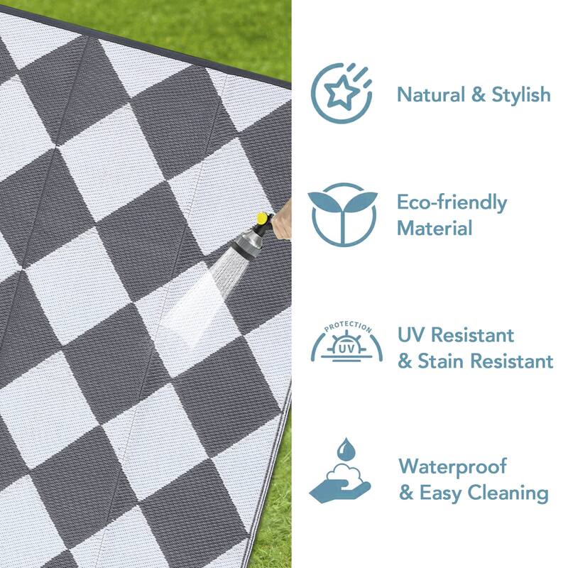 Outdoor Rug Waterproof Reversible Rug Plastic Straw Rug Checkered Floor Mat Outside Carpet for Camping RV Backyard Patio