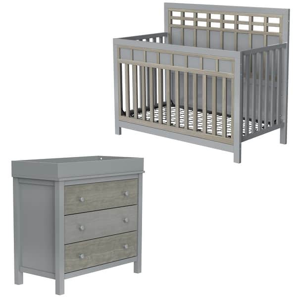 slide 2 of 9, 3 Pieces Nursery Sets Baby Crib and Changer Dreeser with Removable Changing Tray Bedroom Sets Toddler - Gray