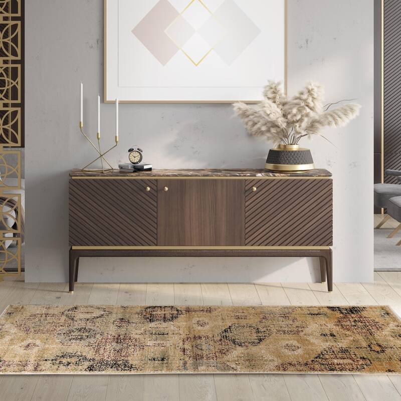 Superior Modern Distressed Diamonds Polypropylene Indoor Area Rug - 2'6" x 8' - Gold