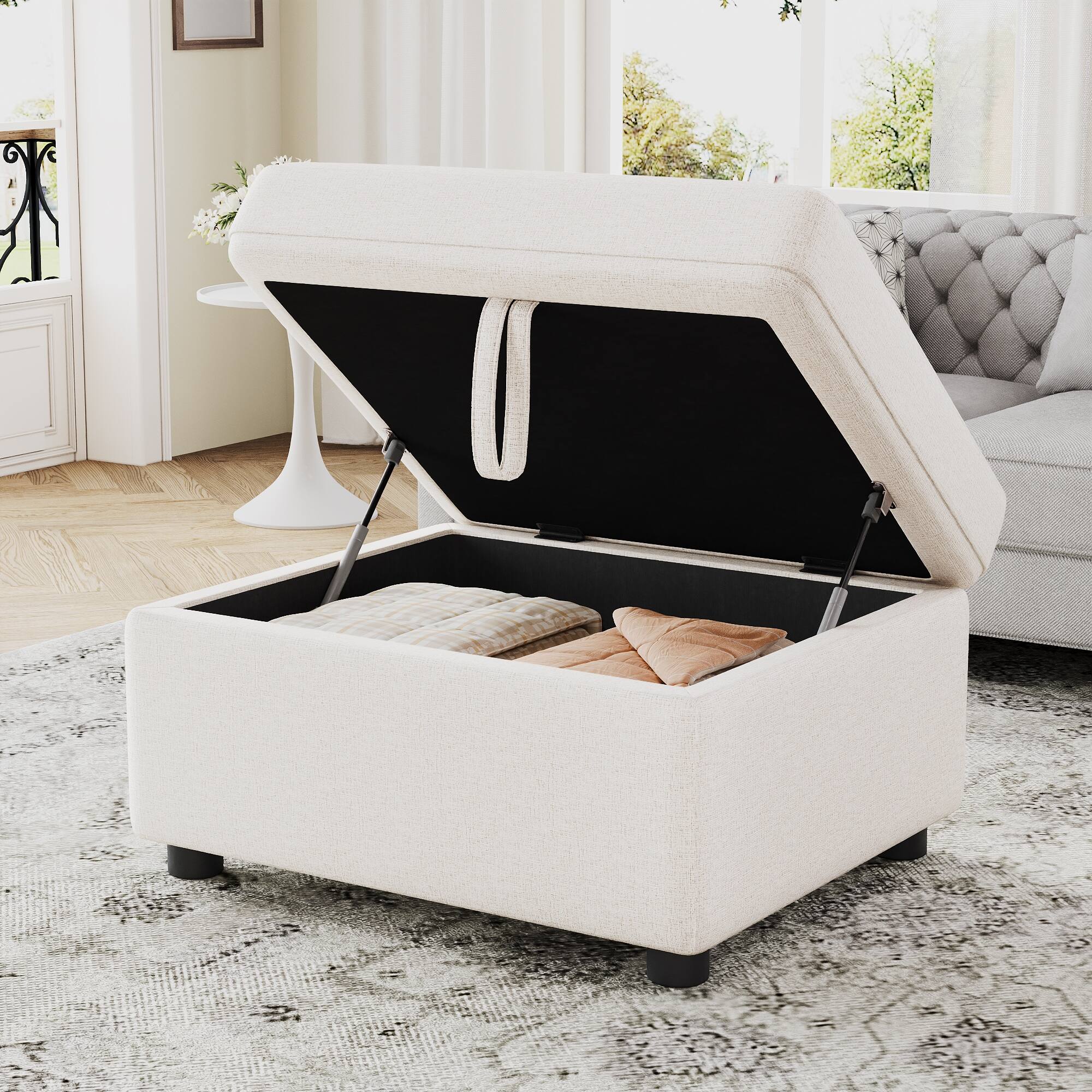 Roomfitters Large Storage Ottoman Footrest, Plush Chenille Fabric with Hidden Compartment for Living Room, Beige