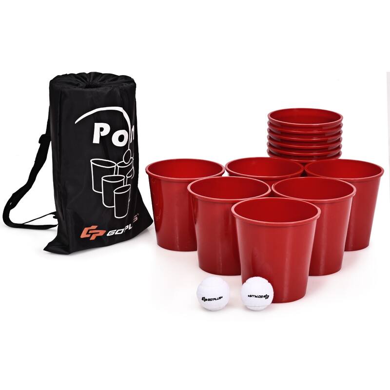 Outdoor Yard Pong Game Set with 12 Red Buckets and 2 Balls Portable Backyard Party Game - 7.5" x 7" (H)
