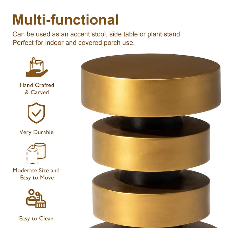 Glitzhome 18"H Modern Antique Gold/White MGO Floating Disks Side Table or Accent Stool - 12"L x 12"W x18"H