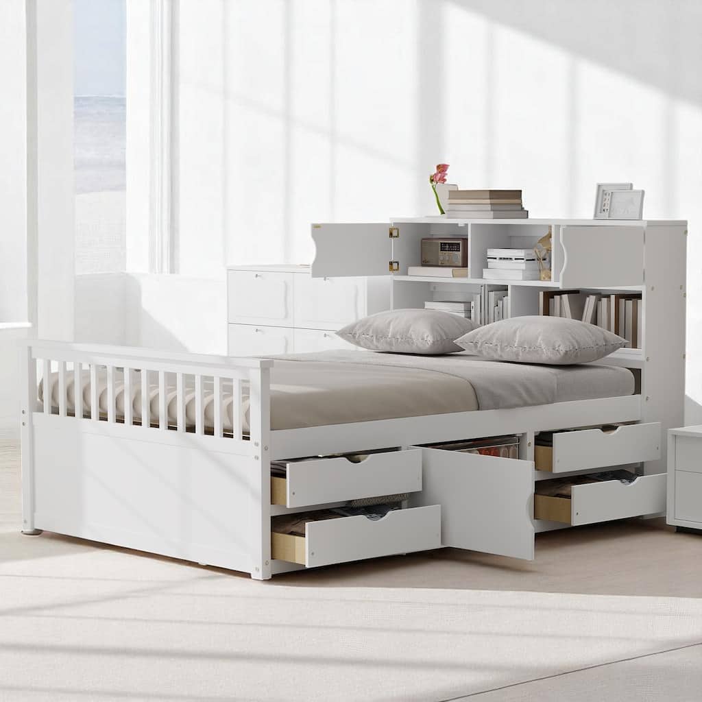 Full Platform Bed Frame with 4 Storage Drawers, Bookcase Headboard & Adjustable Shelving - No Box Spring