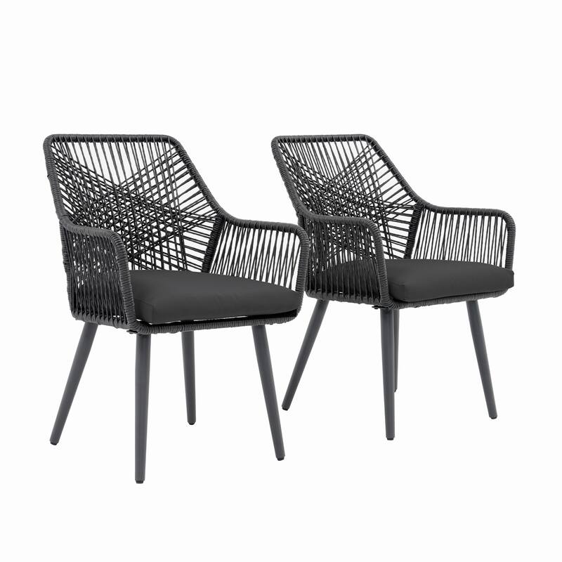 Outdoor Patio Woven Rope Dining Chairs With Armrest and Seat Cushions