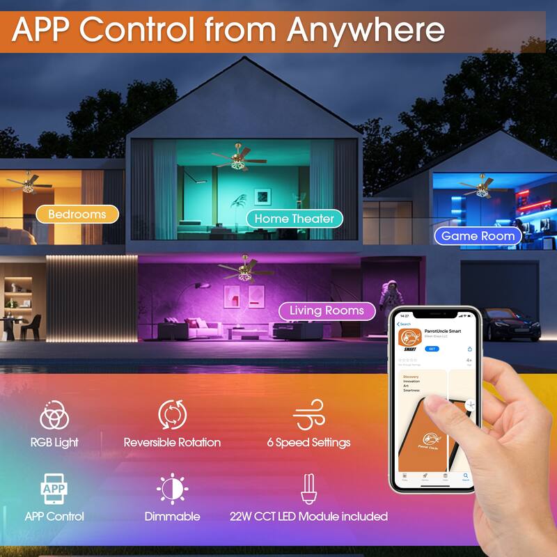 52" Modern Gold Smart Dimmable RGB Ceiling Fan with Light and Remote and App Control