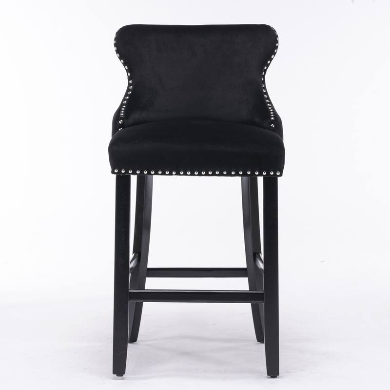 Furniture Black Velvet Wingback Bar Stools Set of 2, Button Tufted with Wood Legs & Chrome Nailhead Trim