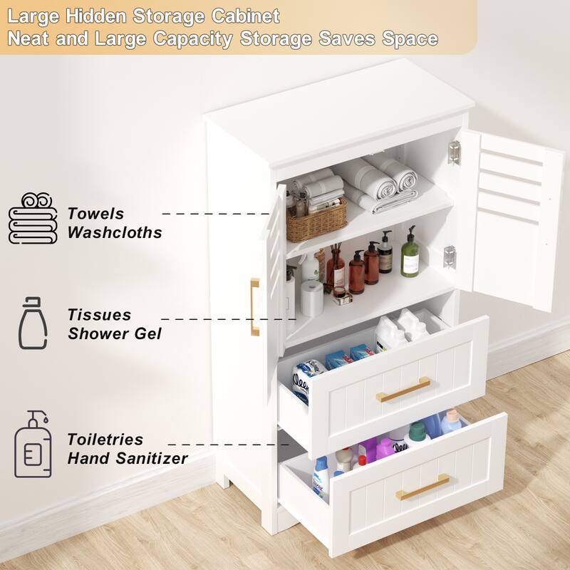 Bathroom Floor Storage Cabinet, Freestanding Bathroom Cabinet with 2 Drawers 2 Doors, Storage Cabinet with Gold handle