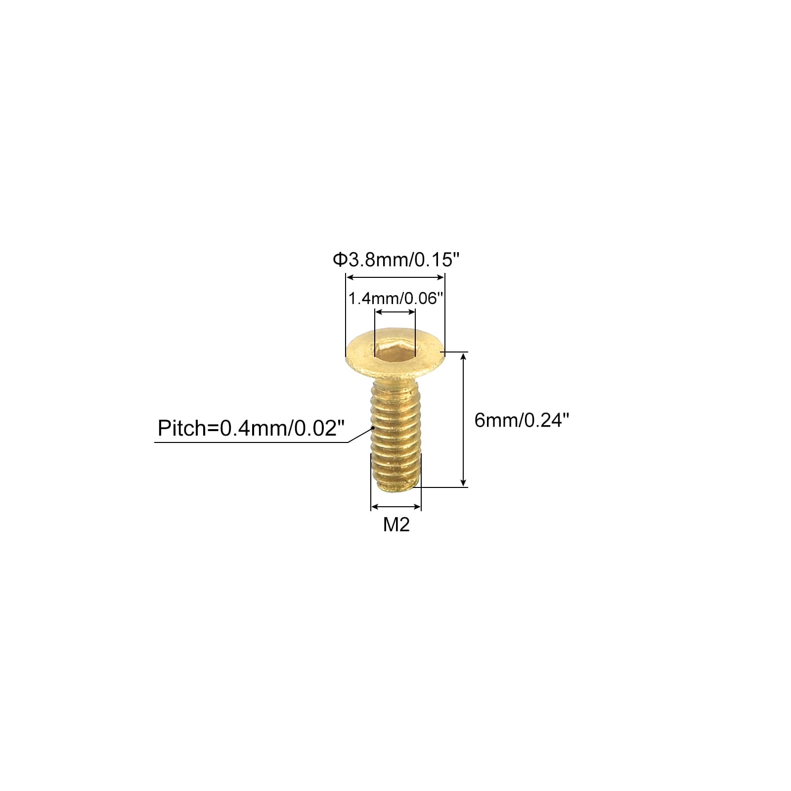 Flat Head Socket Cap Screws, M2-0.4x4mm Brass Inner Hex Drive