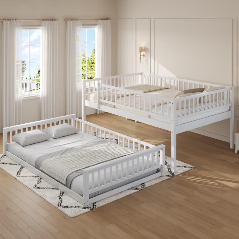 Bunk Bed Frame with Ladder and Guardrails, Detachable Design Wooden Bunk Bedframe into 2 Separate Platform Beds