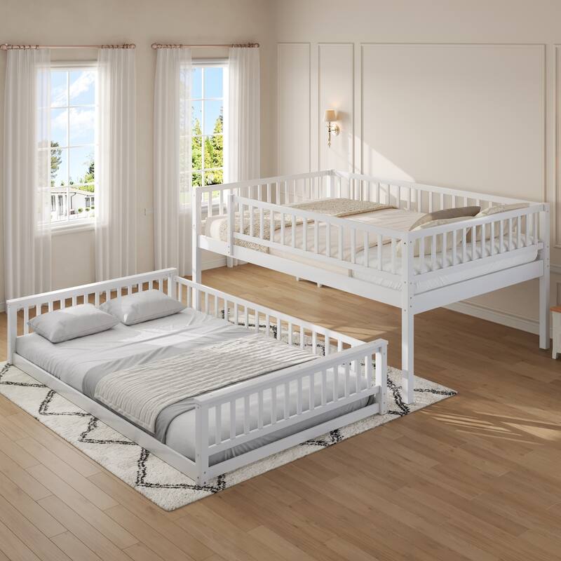 GDFStudio - Solid Wood Queen over Queen Bunk Bed with Ladder & Guardrails