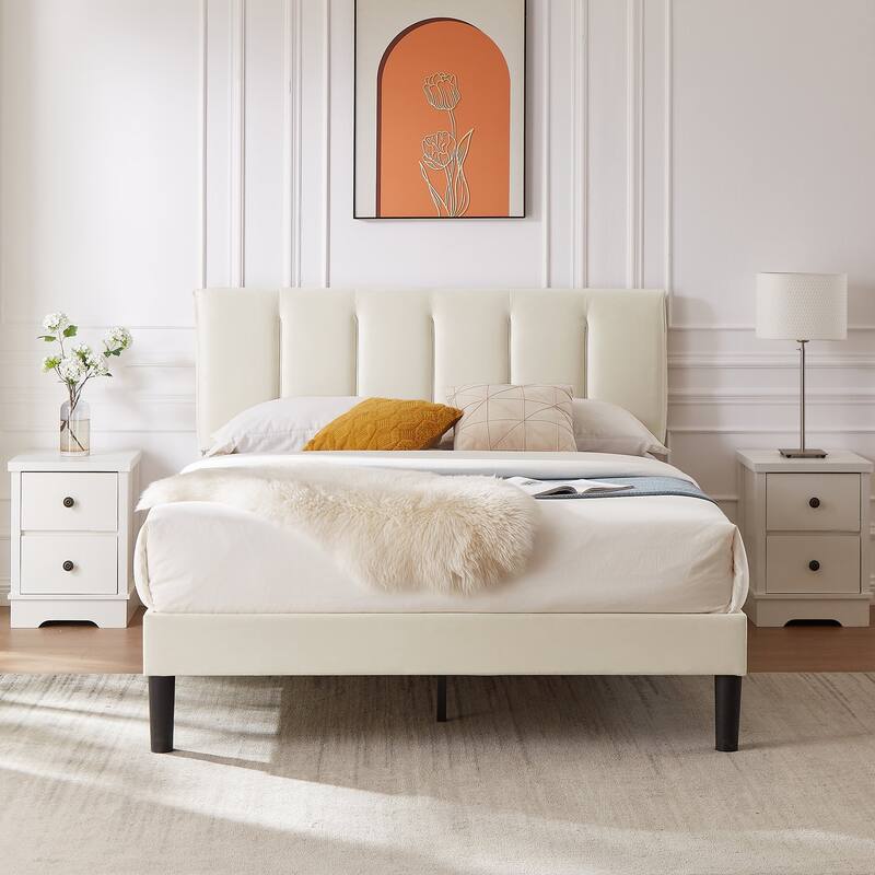 VECELO Beige Tufted Upholstered Platform Bed Frame with Adjustable Height Headboard-Twin/Full/Queen Size Beds