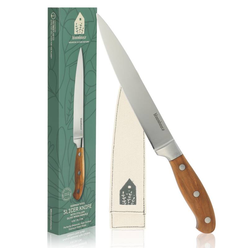 Bloomhouse 8 Inch German Steel Slicer Knife W/ Italian Olive Wood Forged Handle