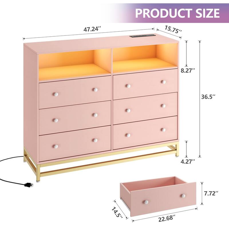 6-Drawer Double Dresser for Bedroom, Wooden TV Stand with LED Lights & Power Outlet, Storage Cabinet for Closet