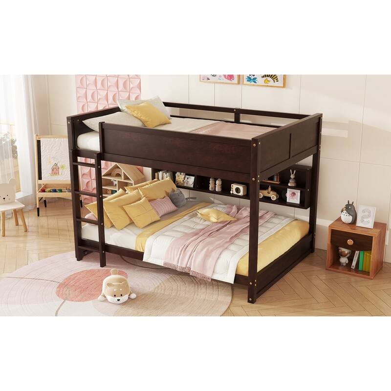 Queen Over Queen Bunk Bed with Built-in Storage Cabinets,Charging Station,Ladder,Safety Guardrails,Solid Pine Wood Bunk Bed