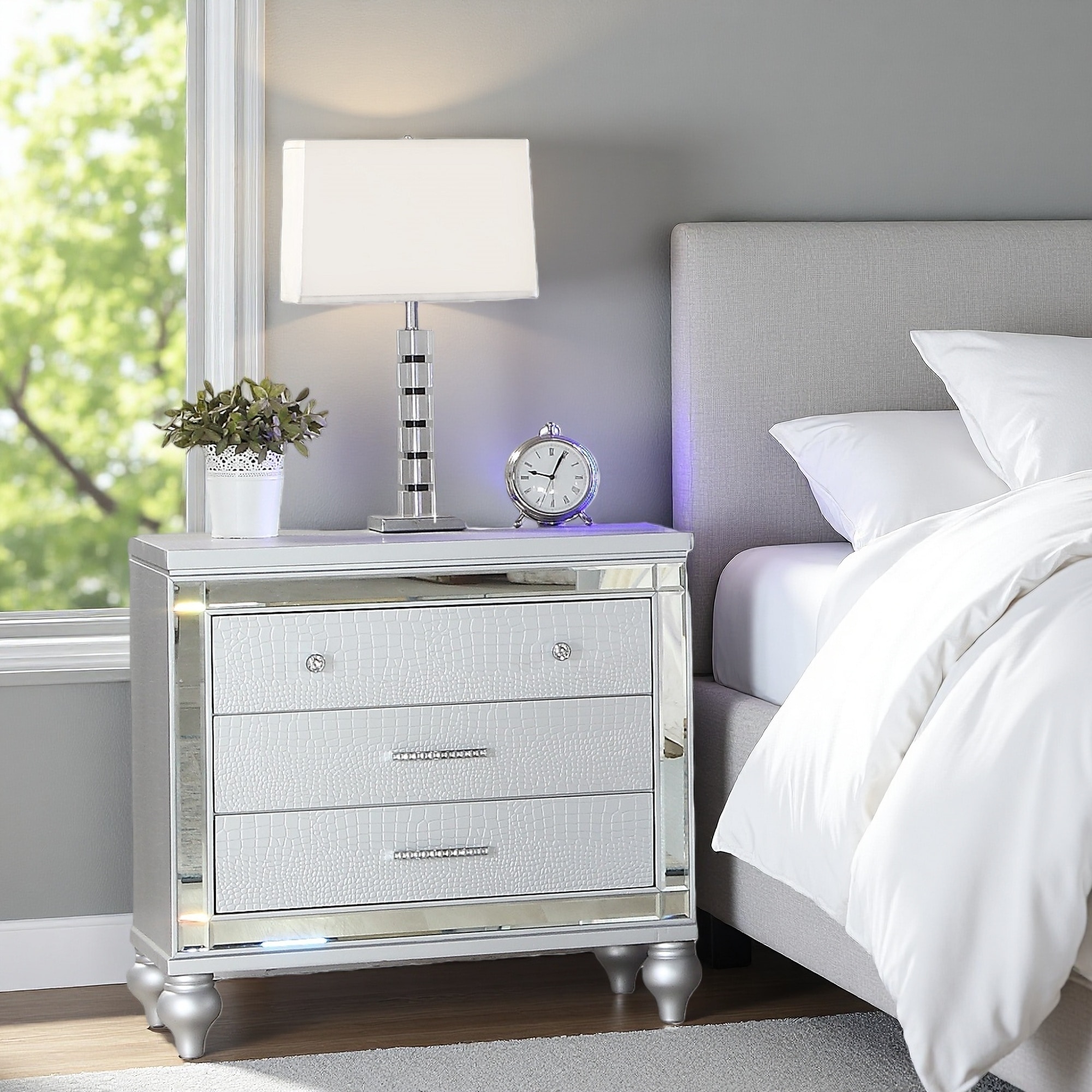 26"L Wood Nightstand with Beveled Mirror Framing, Textured Crocodile Finish, Crystal-Inspired Pulls, 3-Drawer Bedside Table