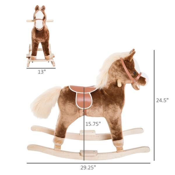 dimension image slide 0 of 2, Kids Rocking Horse, Plush Toddler Rocker, Wooden Base Ride-On Toy with Handle Grip, Traditional Toy for Kids 36M+, Brown